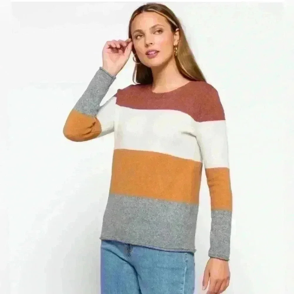 Pinque Gina Crewneck Pullover Striped Sweater Size Medium Fall Soft Cozy Classic